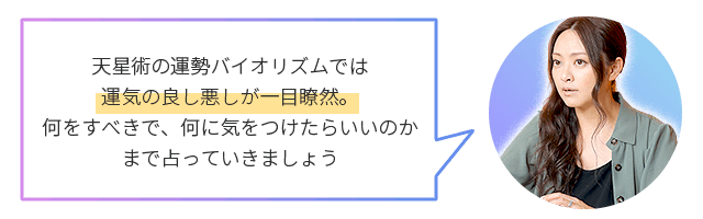 天星術の運勢バイオリズムでは、運気の良し悪しが一目瞭然。今や未来に何をすべきで、何に気をつけたら良いのかまでを占っていきましょう。